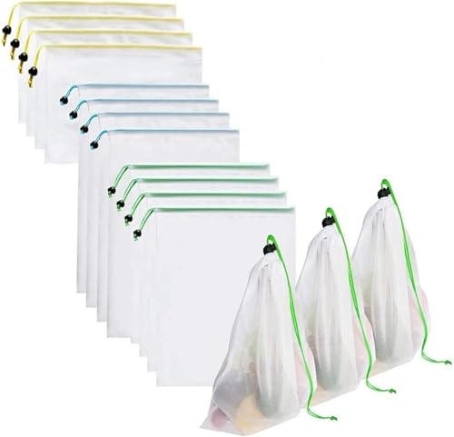 Yomitek Set of 12 Reusable Produce Bags,Washable Mesh Produce Bags with Drawstrings for Grocery Shopping & Storage,Produce Storage Bags ECO Green for Fruits and Veggies,Small, Medium, Large Size