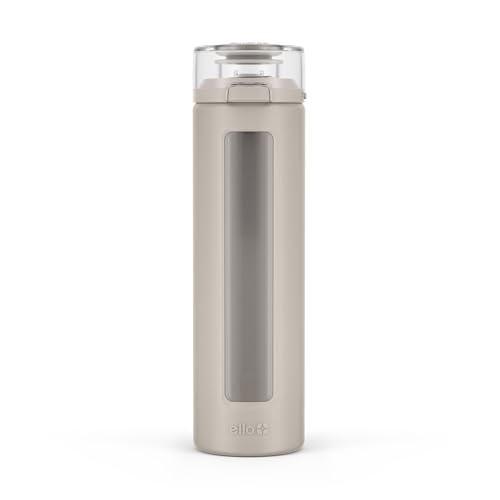 Ello Syndicate 20oz Reusable Glass Water Bottle with One-Touch Leak Proof Flip Lid, Protective Non-Slip Silicone Sleeve, Carry Loop for Coffee, Tea and Water, BPA-free, Dishwasher Safe, Sand