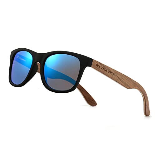 WOODONLY Retro Wood Polarized Sunglasses - Cool Style Matte Finish Frame with Wooden Temple for Men and Women Perfect Gifts (walnut + blue)