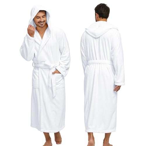 PJGGZ Men's Bathrobes with Hood, Soft Long Towel Robe for Men - Super Absorbent Quick Dry yet Warm, White, Large-X-Large