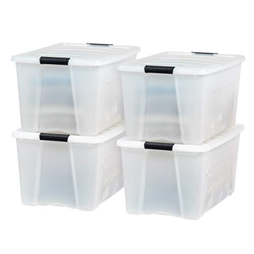 IRIS USA 68 L Plastic Storage Box with Lid and Latches - 4 Pack - BPA-Free, Discreet Organizing Solution, Durable Nestable Stackable Containers, Secure Pull Handle - Pearl