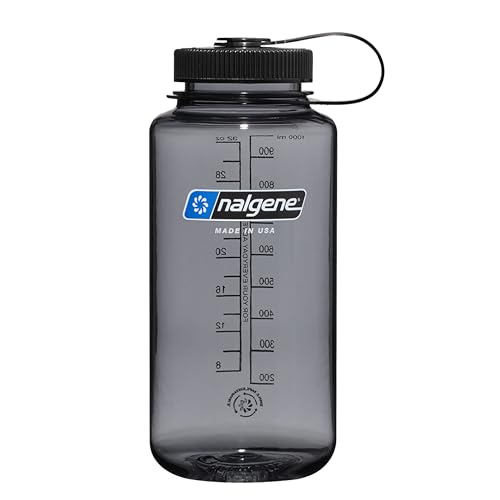 Nalgene Sustain Tritan BPA-Free Water Bottle Made with Material Derived From 50% Plastic Waste, 32 OZ, Wide Mouth, Gray w/Black Lid