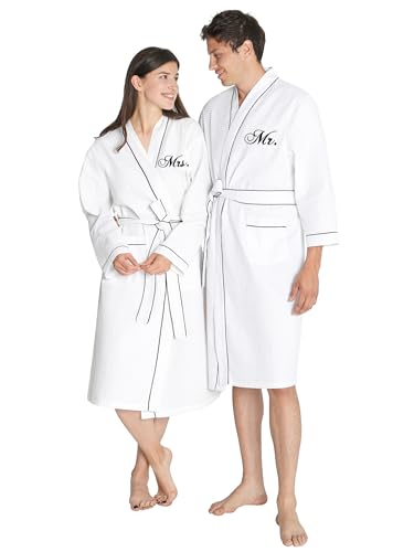 AW BRIDAL 2Pcs Mr Mrs Waffle Knit Robes, Couples Embroidered Spa Robe Set Dressing Gown, Comfy Wedding Robes for Bride Groom, White- Mrs.& Mr., One Size