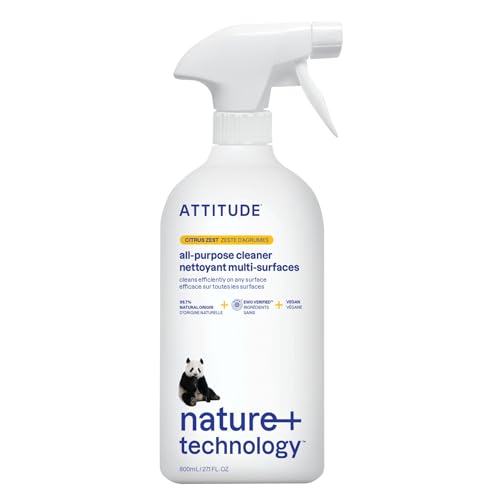 ATTITUDE All Purpose Cleaner, EWG Verified, Vegan, Made with 94% Plant-Based Ingredients, Streak-Free for Kitchen, Bathroom, Glass & More, Made in Canada, Citrus Zest Scent, 800 mL