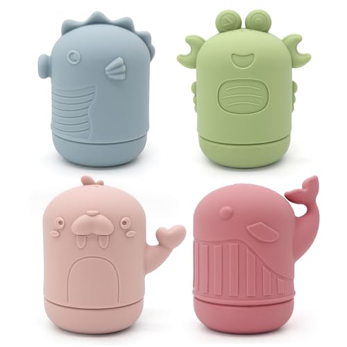 PandaEar 4 Pack Silicone Bath Toys for Babies 0-6 6-12 Months, Mold Free Bathtub Toys for Toddlers Kids Infant, Non Toxic Swimming Shower Toys for Toddlers 1-3