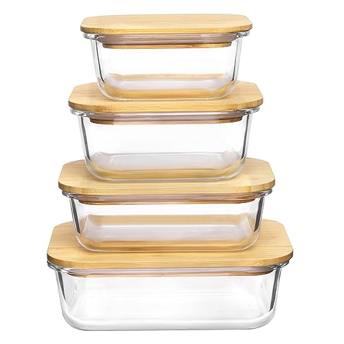 Vtopmart Glass Container Food Storage with Bamboo Lids, 4 Pack Food Storage Containers with Lids Bento Lunch Box, Safe for Microwave, Oven, Freezer and Dishwasher, BPA Free