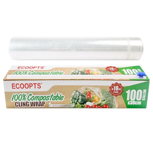 100% Compostable Plastic Cling Wrap Dispenser With Slide Cutter 12 inch Food Service Cling Film Wrap Roll - 12" x 360 Ft ECO friendly Food Wrap(The Slide Cutter stored in The Inner core of The roll)
