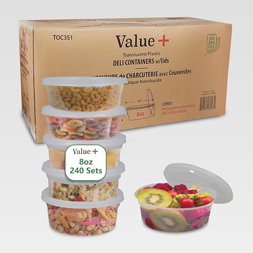 Value Plus (8 oz, 240 Count) Deli Containers For Food Storage With Airtight Lids, Takeout Plastic Containers, BPA Free, Stackable, Leakproof, Dishwasher and Freezer Safe
