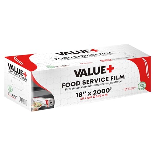VALUE + Foodservice Clear Plastic Wrap Film (18 in x 2000 ft), Cling Film with Cutter, Food Wrap Roll, Commercial Grade, Great for Sealing & Storage, Ideal for Home Use & Food Service Industry