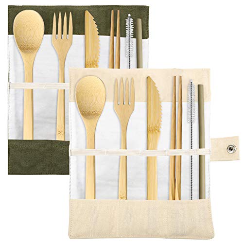 Set of 2, Bamboo Utensils Cutlery, DaKuan Reusable Cutlery Travel Set, Bamboo Spoon, Fork, Knife, Brush, Chopsticks and Straw, Eco-Friendly Portable Utensils with Case