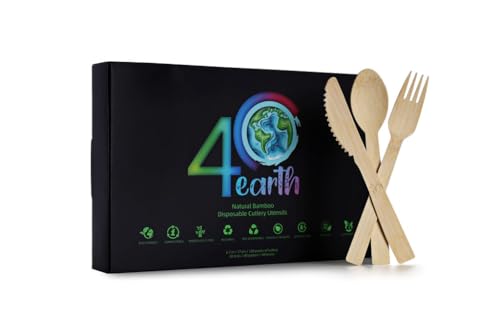 40 Earth- Disposable Bamboo Utensils for eating - 120 Set (40 Forks,40 Knives,40 Spoons) Biodegradable Utensil- Compostable Cutlery or Reusable Flatware - Cooking- Parties- Birthdays -Camping- Kitchen