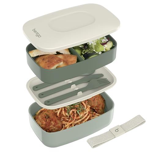 Bentgo Classic - All-in-One Stackable Bento Lunch Box Container - Modern Bento-Style Design Includes 2 Stackable Containers, Built-in Plastic Utensil Set, and Nylon Sealing Strap (Khaki Green)