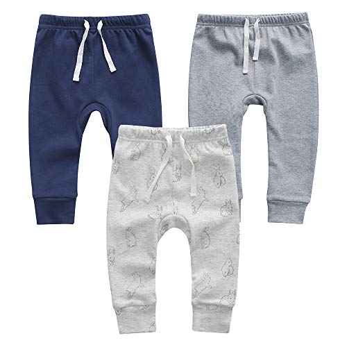 Owlivia Organic Cotton Baby Boy Girl 3-Pack Wiggle Pants Jogging Pants(Dark Blue+Grey+Grey Rabbit, 0-3 Months)