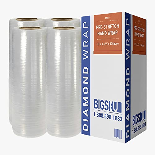 BIGSKU Pre-Stretch Wrap -16 inch x1475 ft, 39 gauge thick Self-Adhering & Clear Plastic Cling Wrap - Heavy Duty, Pre-Stretch Shrink Film For Efficient Shipping, Moving & Packaging - durable for industrial use household & Office Supplies - 1 Box of 4 Rolls
