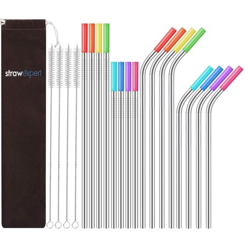 StrawExpert Set of 16 Reusable Stainless Steel Straws with Travel Case | Cleaning Brush | Silicone Tips Eco Friendly Extra Long Metal Straws Drinking for 20 24 30 oz Fit Yeti Tervis Rtic Tumbler