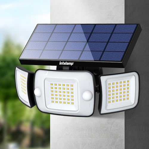 intelamp Solar Motion Sensor Outdoor Lights 6000mAh Battery Bright LED Security Flood Light - Adjustable 3 Head Night Lighting Solar Powered IP65 Waterproof for Outside Garage Yard