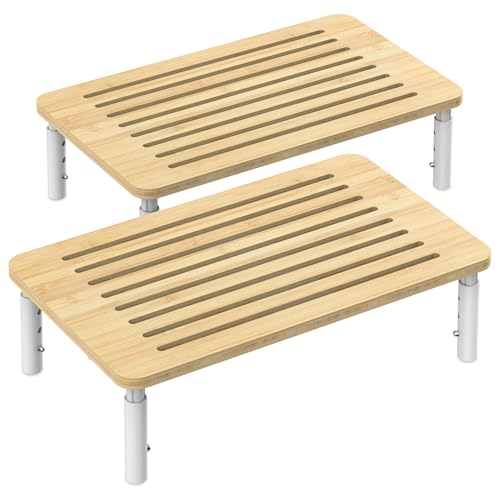 WELL WENG 2 Pack Bamboo Monitor Stand Riser, 4 Adjustable Height, Computer Laptop Stand with Airflow Vents, Desk Organizer (Natural)