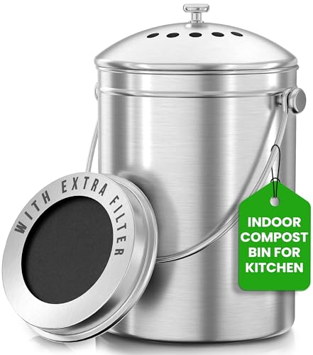 Utopia Kitchen Stainless Steel Compost Bin for Kitchen Countertop - 1.3 Gallon Compost Bucket Kitchen Pail Compost with Lid - Includes 1 Spare Charcoal Filter