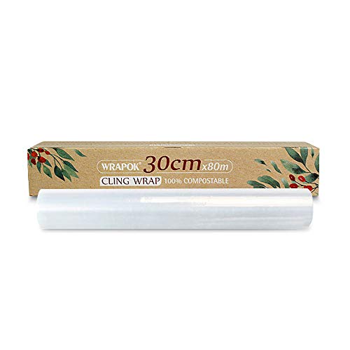 WRAPOK 100% Compostable Cling Wrap Biodegradable Corn PLA Food Film Roll with Slide Cutter - 258 Square Feet
