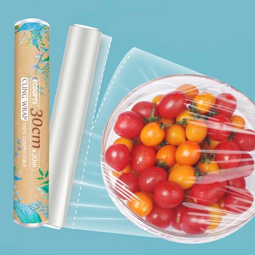 100% Compostable Plastic Cling Wrap 12 inch Food Service Cling Film Wrap Roll - 12" x 99 Ft ECO friendly Food Wrap Wrap Precut 30cm×35cm Totall 60m 2 PACK