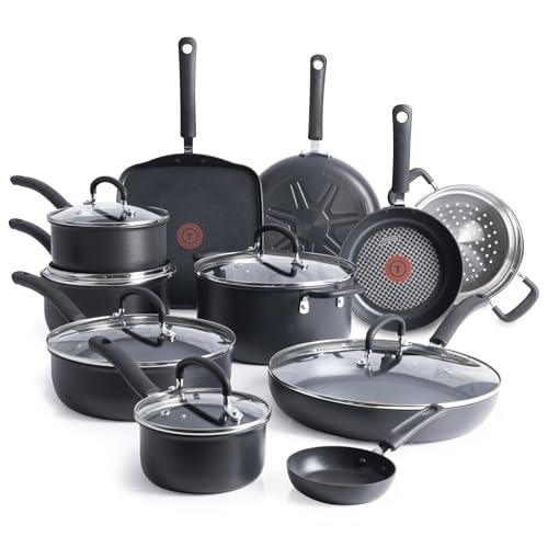 T-FAL Ultimate Hard Anodized Scratch Resistant Titanium Nonstick Thermo-Spot Heat Indicator Anti-Warp Base Dishwasher Safe Oven Safe PFOA Free Cookware Set, 17-Piece, Gray, Black