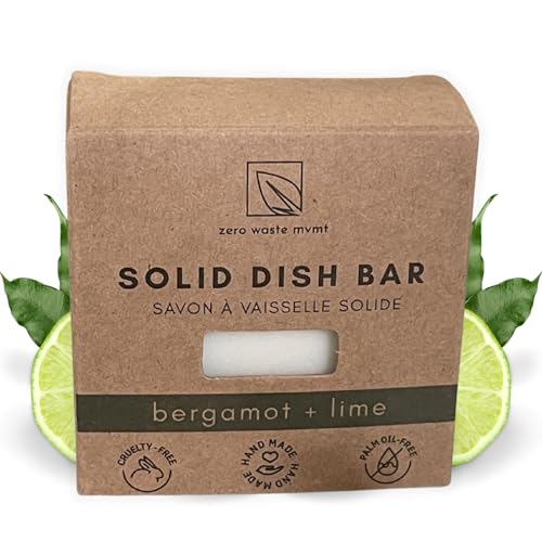 Zero Waste MVMT Solid Dish Soap Bar | Bergamot + Lime Essential Oil | Natural, Zero Waste Soap | Plastic-Free | USDA Certified Organic Ingredients, Vegan-Friendly Dish Soap Block