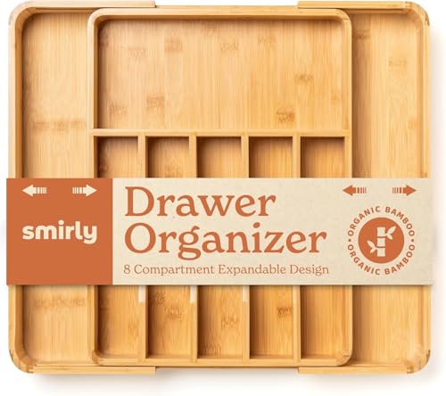 SMIRLY Bamboo Silverware Drawer Organizer - Expandable Kitchen Drawer Organizer, Kitchen Utensil Organizer for Kitchen Drawers - Silverware Tray for Drawer