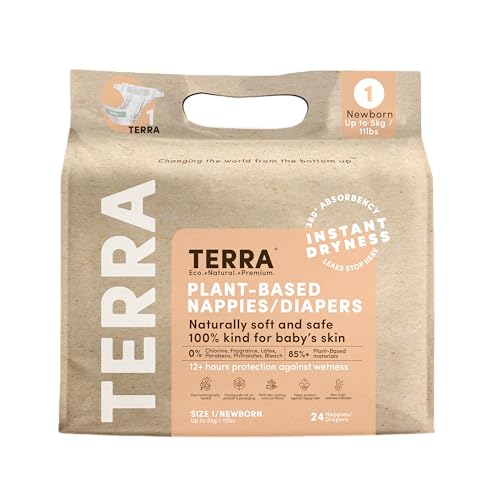 Terra Size 1 Newborn Diapers: 85% Plant-Based Diapers, Ultra-Soft & Chemical-Free for Sensitive Skin, Superior Absorbency for Day or Nighttime Diapers, Designed for Newborns up to 11 Pounds, 24 Count