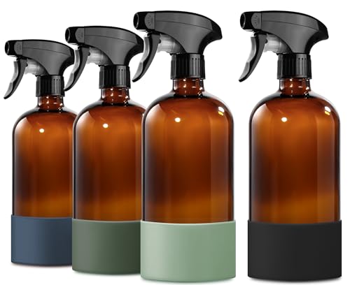 GMISUN Amber Glass Spray Bottles for Cleaning, 4Pack Brown Glass Spray Bottles, Spray Bottles for Cleaning, Reusable Empty Cleaning Bottles for Plants, 4 Silicone Sleeves, 4 Adjustable Nozzles