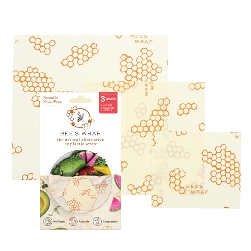 Bee's Wrap Assorted 3 Pack, Eco Friendly Reusable Beeswax Food Wraps, Sustainable, Zero Waste, Plastic Free Alternative for Food Storage - 1 Small, 1 Medium, 1 Large