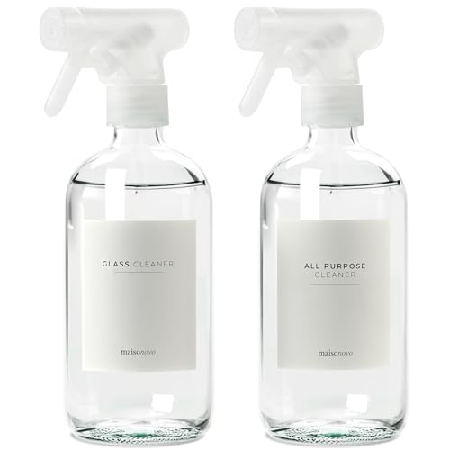MaisoNovo Glass Spray Bottles for Cleaning | 500 ml Clear x 2 with 16 Labels