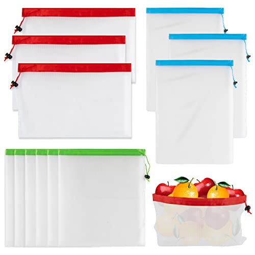 MAQIHAN 12pcs Reusable Produce Bags - Mesh Produce Bags Drawstring Reusable Washable Vegetable Storage Bags Refrigerator Keep Fresh Grocery Food Fruits Veggie Green Net Bag Toy Storage Zero Waste Shop