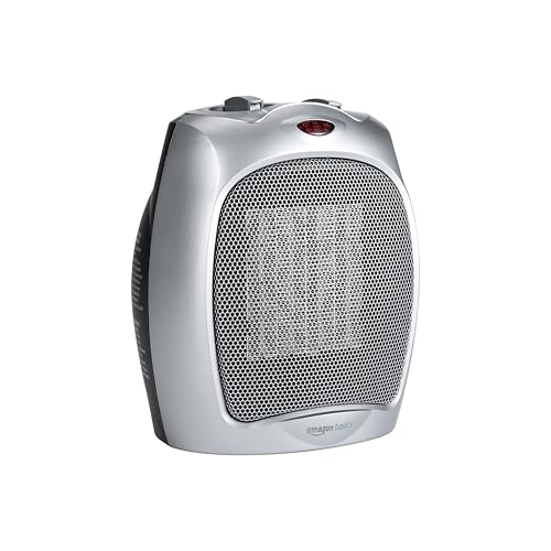 Amazon Basics Ceramic Space Heater, Portable Heater for Indoor Use, for Office and Home, With Overheat and Tip-Over Protection, Thermostat, Non-Oscillating, 1500W, Silver, 7.52"D x 6.34"W x 9.45"H