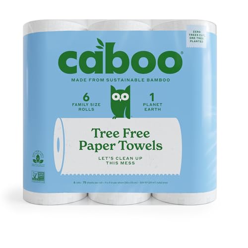 Caboo Tree Free Paper Towels, 6 Rolls, Earth Friendly Sustainable Kitchen Paper Towels with Strong 2 Ply Sheets