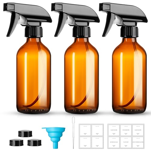 GIVAMEIHF 8oz Amber Glass Spray Bottles,3 Pack Glass Spray Bottles Refillable Empty Bottle with Adjustable Nozzle,Spray Bottle for Essential Oils,Cleaning Solutions,Pets,Hair Mister,Gardening
