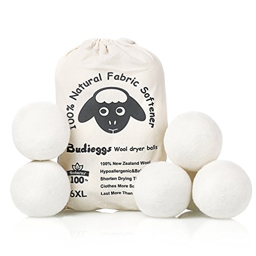 Budieggs Wool Dryer Balls Organic XL 6-Pack, 100% New Zealand Chemical Free Fabric Softener for 1000+ Loads, Baby Safe & Hypoallergenic, Reduce Wrinkles & Shorten Drying Time Naturally (White-6pcs)