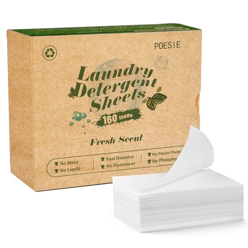Poesie Laundry Detergent Sheet Fresh Scent 160 Count Clear Plastic-Free Hypoallergenic Liquid Less Strips for Home Dorm Travel Camping & Hand Washing Clean No Waste