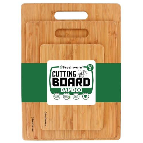 Freshware 3 Piece Bamboo Cutting Board Set Perfect for Meat-Veggie Prep, Serve Bread, Crackers, Cheese and Cocktail Bar, Brown (BC-200PK)