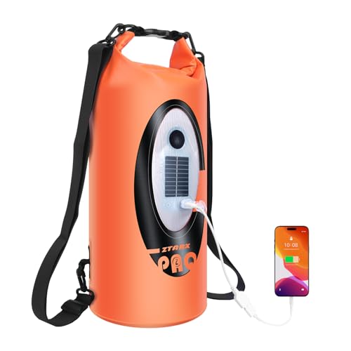 FELICON Solar/Battery Powered Multi-Functional Waterproof Backpack, Bluetooth Speaker, IP66 Waterproof Dry Bag, Heavy Duty Roll Top Closure, Large Capacity Bag for Camping, Hiking, Traveling, Orange,