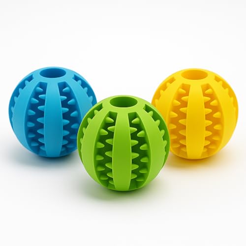Dog Chew Toy Ball 3-Pack – Eco-Friendly Rubber, Teeth Cleaning Treat Dispenser, 5cm for Small Medium Dogs (Green,Blue,Yelow)