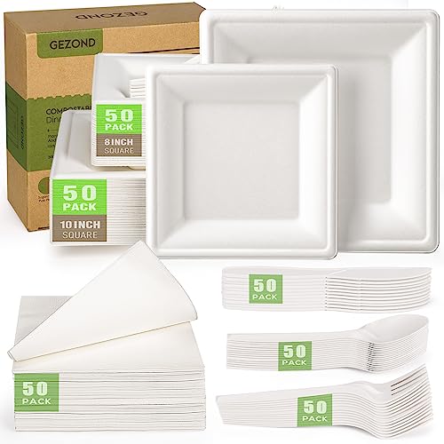 Gezond Compostable Paper Plates Set 300pcs Disposable Sugarcane Plates 10 Inch Eco-friendly White Square Plate with Napkins Biodegradable Heavy-duty Utensils for Party