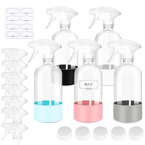 ZENOWICK Glass Spray Bottles for Cleaning, Refillable Empty Containers with Silicone Protective Sleeve, Upgraded Adjustable Nozzle Spray Bottle Sets for Essential Oils, Fresheners (5 Pack, 16 Oz)