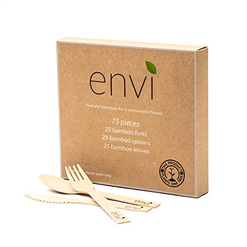 Envi 75 Pieces Reusable Bamboo Cutlery Set - Sustainable Biodegradable Wooden Spoons, Forks, and Knives for Camping, Travel, Picnic and Office - Ideal Bamboo Silverware Utensil Set for Every Occasion