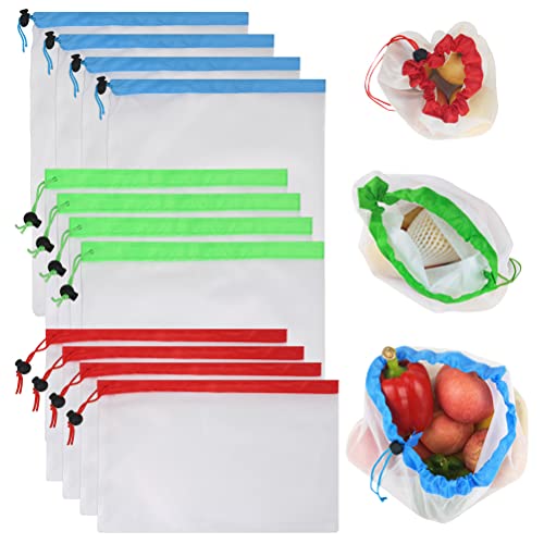 BUYGOO 12Pack Reusable Mesh Produce Bags with Drawstring, 3 Sizes See-Through and Washable Fruit Bags Mesh Vegetable Bags for Grocery Shopping & Storage of Fruit, Veggies, Grocery, Toys