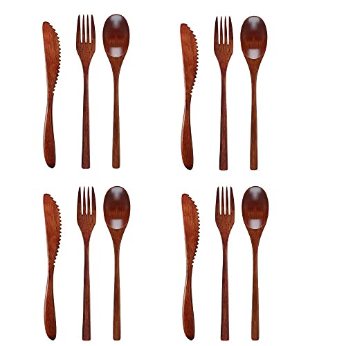 UgyDuky 12Pcs Kitchen Wooden Flatware Portable Wooden Spoon Fork Knife Cutlery Set Wooden Dinner Utensil Set Reusable Tableware Cutlery Set Kitchen Accessories for Household Office School Camping Traveling (Brown)