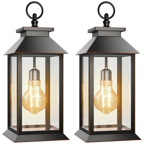 AYTPU 2 Pack Hanging Solar Lanterns Glass Solar Lights Outdoor Waterproof Upgraded Solar and AAA Battery Powered, for Outside Porch, Patio and Indoor Tables, Mantelpiece