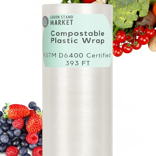 Green Stand Market 400 Sq Ft Plastic Wrap for Food – Biodegradable, Compostable Refill Roll – ASTM D6400 Certified - Eco-Friendly, Durable, Food Safe Alternative to Plastic Wrap