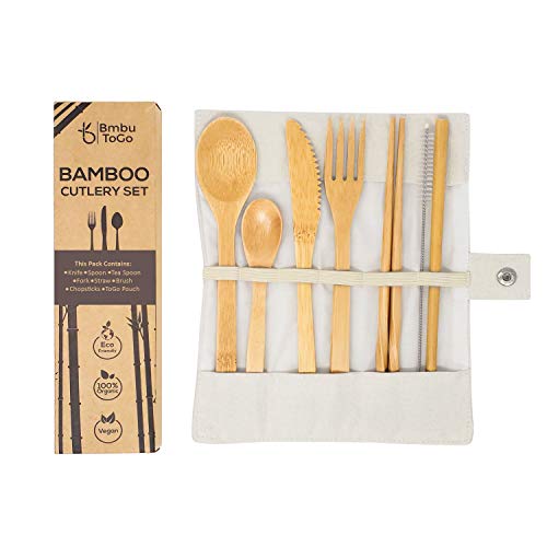 Bmbu ToGo Bamboo Cutlery Set | Bamboo Travel Utensils | Reusable Cutlery Set | Include Knife Fork Small Spoon Large Spoon Chopsticks and Straw (White, 1 Pack)