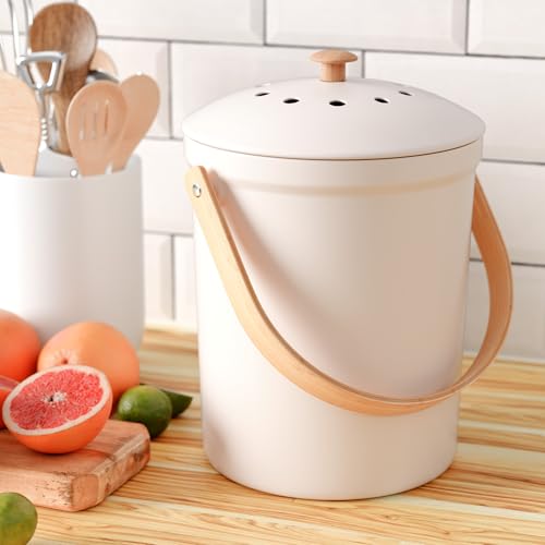 Aesthetic Compost Bin for Kitchen Countertop - Sturdy Indoor Food Waste Recycle Bin with Lid - The Perfect Stylish 1.1 Gallon Rust Free Compost Kanister