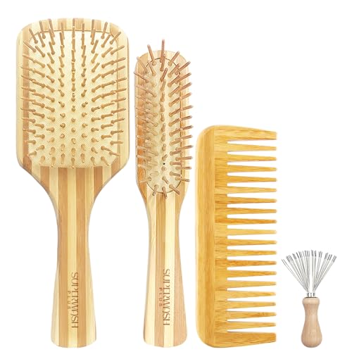 Bamboo Hair Brush Comb Set for Women Men, Wood Bristle Paddle Detangling Brush, Wide Tooth Comb for Curly Wavy Thick Thin Wet Dry Hair, Brush Cleaning Tool Included - 4 Pack